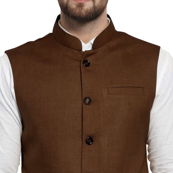 Sleeveless Traditional Jute Fabric Caramel Brown Nehru Jacket by Treemoda - Picture 4 of 5